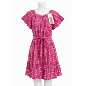 Coastal Comfort Pink Cotton Gauze Embroidered Belted Dress‎ Flutter Sleeve L